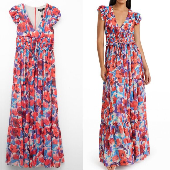 PatBo Violet V-neck Flutter Sleeve Maxi Dress Multicolor Floral Size 6 New - Picture 1 of 7